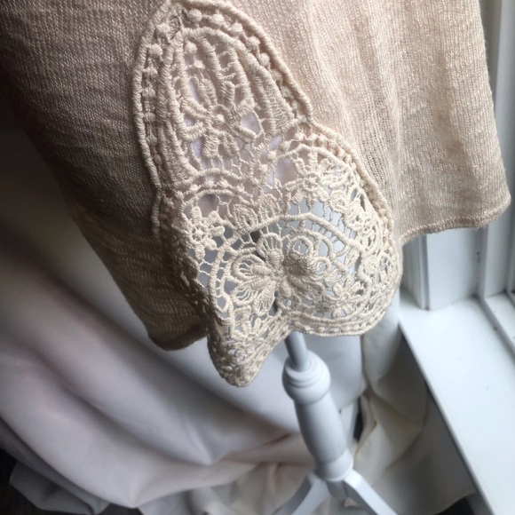 Vintage Y2K Ecru Sweater with Crochet Insets Scoop Neck Boho Size Large - Picture 2 of 6